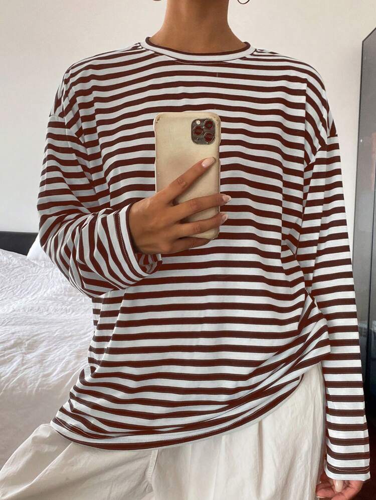 Solid Color Crew Neck Loose Long Sleeve T-Shirt For Women,Fall Clothes Preppy Tops