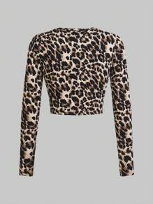 SHEIN Essnce 4pcs Set Of Leopard Print Long Sleeve T-Shirts For Women