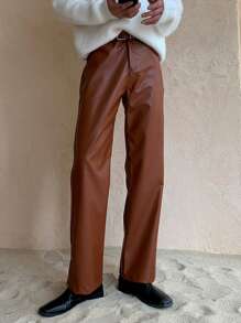 DAZY 1pc Men's Brown Leather Wide Leg Loose Fit Casual Pants, Autumn