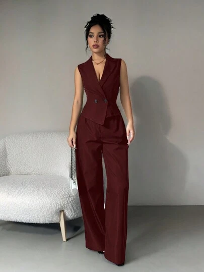 Siren Gaze Two Pieces Fall Outfits 2pcs/Set Women Solid Color Sleeveless Top And Pants Fall Clothes Christmas Elegant Red Summer New Year Burgundy Valentine's Day