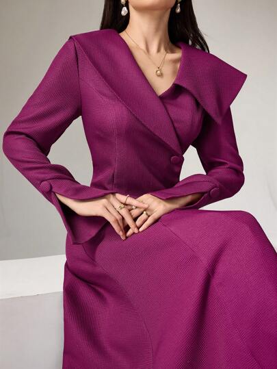 Modelyn 女士优雅纯色不对称领口收腰长袖连衣裙，适合秋季长款晚礼服，端庄