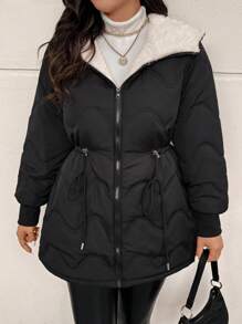 SHEIN Frenchy Plus Size Women Wavy Pattern Cinched Waist Adjustable Hood Padded Padded Coat For Autumn/Winter - Black - View 6