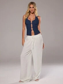 Aloruh Áo sơ mi không tay cổ yếm trang trí vòng rỗng trơn - Màu xanh hải quân - Xem 5