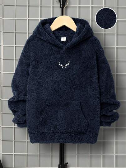 SHEIN Sudadera con capucha de forro polar bordada informal y oversize para niño preadolescente