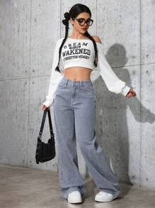 SHEIN ICON 休闲破洞宽松阔腿牛仔裤