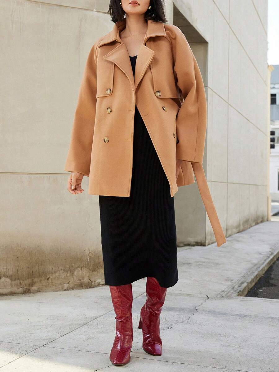 EMERY ROSE 1pc Women Lapel Collar Loose Cinched Waist Pocket Overcoat Fall Cloth For Women - Camel - View 1