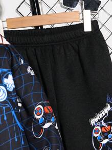 Bộ 2 chiếc/Bộ áo hoodie và quần nỉ họa tiết máy chơi game thời trang đường phố cho bé trai tuổi teen, thích hợp mặc đi làm, đi học, mặc thường ngày, thể thao - màu đen - Xem 5