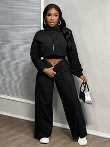 Slaydiva 2pcs/Set New Casual Young Sports Stand Collar Zipper Raglan Long Sleeve Sweatshirt Jacket + Straight Leg Thermal Lined Pants For Women, Autumn/Winter - Black - View 7