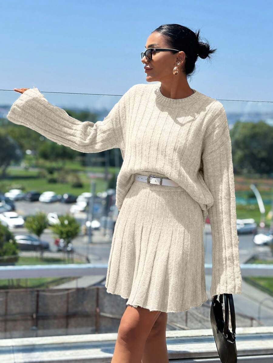 EURMUSE Pleated Skirt And Rib Pattern Sweater 2 Pcs Set - Beige - View 1