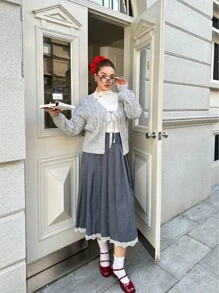 Flirla Plus Size Floral Gray Cute Embroidered Bowknot Knitted Cardigan Fall Cloth For Women