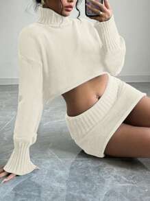 SHEIN Unity 2pcs/Set Solid Color Turtleneck Cropped Long Sleeve Top And Elastic Waist Skirt Sweater Set - Apricot - View 5