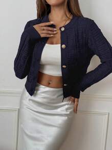 SHEIN PETITE Women Solid Color Front Button Casual Cardigan, Long Sleeve Fall Winter Cloth For Women - Navy Blue - View 4