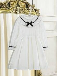 SHEIN Vestido de manga larga para niñas preadolescentes con bloque de color y parche de encaje - Blanco - Ver 2
