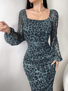 Modelyn Váy lưới cổ vuông họa tiết da báo thanh lịch cho nữ, mùa thu - Màu xanh lá cây đậm - Xem 6