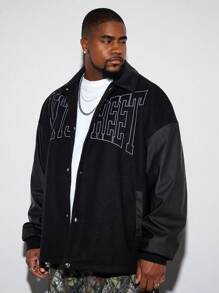 Manfinity VCAY Chaqueta de béisbol talla grande para hombre con diseño bordado de letra y tela mixta, otoño/invierno - Multicolor - Ver 3