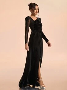 SHEIN Belle Vestido de noche formal y elegante con cuello asimétrico, mangas largas, volantes y dobladillo dividido para mujeres, color negro, ideal para graduación, cena