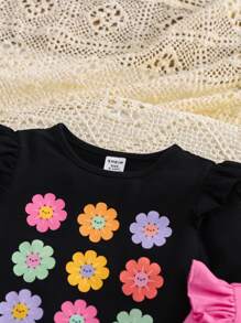 SHEIN 3pcs/Set Baby Girl Cute Versatile Knitted Floral Pattern Ruffle Long Sleeve Tops - Multicolor - View 5