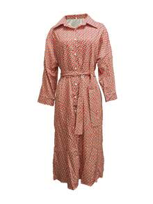 Front Button Closure Geometric Print Long Shirt Dress, Casual Vacation Wear - Orange - View 3