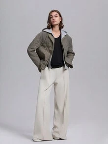 女士撞色长袖前拉链抽绳连帽棉服外套，冬季 - 綠色 - 查看 3