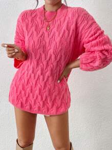 Chiquease 中长款宽松复古麻花针织毛衣 - 玫紅色 - 查看 6