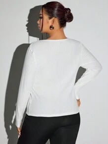 SHEIN ICON Plus Size Women's Solid Color Long Sleeve Casual Front Tie Top, Autumn - White - View 2