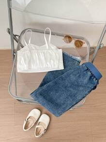 SHEIN 2入組年輕女孩休閒甜美白色蝴蝶結背心和破洞腰帶牛仔褲套裝