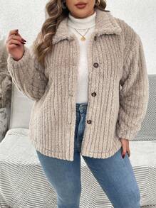 SHEIN VCAY Plus Size Plain Color Front Button Long Sleeve Casual Reversible Fleece Jacket - Apricot - View 3