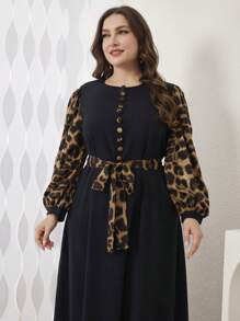 Modelyn 豹纹拼布圆领收腰中长连衣裙，秋冬季，端庄优雅的 A 字长裙，适合休闲日常长款晚礼服 - 黑色 - 查看 5