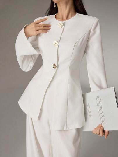 Heiryn 2pcs Women Elegant Commute Solid Color Cinched Waist Jacket And Pants Suit For Autumn 2 Pieces Set Back To School