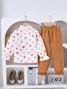 SHEIN 2pcs Young Girls  Heart Print Top & Corduroy Pants Set, Basic Casual Outfit For Fall & Winter - Black - View 2