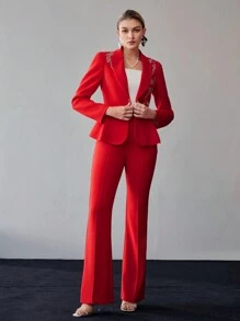 MOTF PREMIUM PEAK COLLAR RHINESTONE DETAIL RUFFLE HEM PARTY BLAZER - Red - View 6