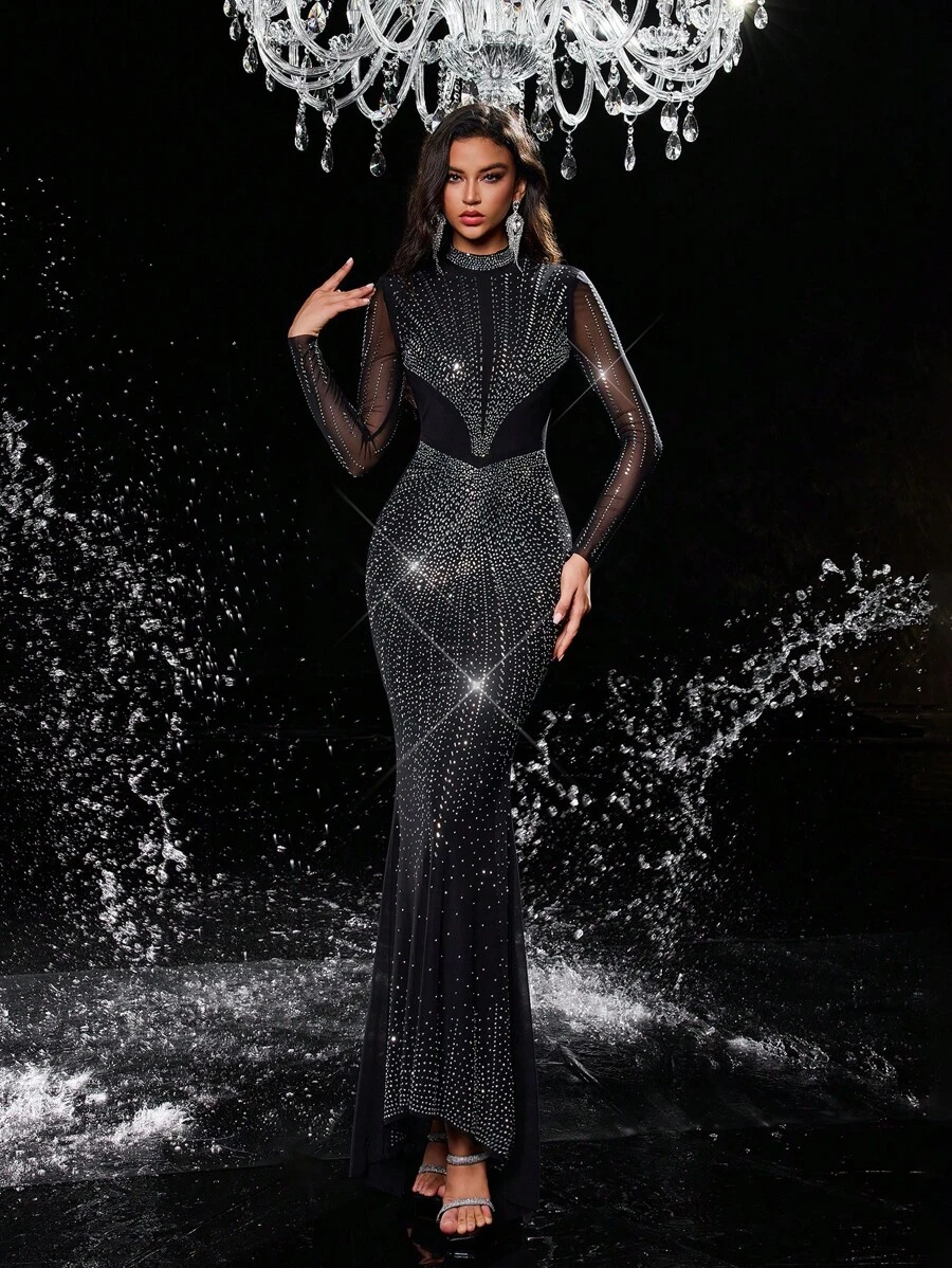 Glamrae Hoa văn thanh lịch và sang trọng Rhinestone nóng Rhinestone cổ đứng xuyên thấu tay dài Slim đuôi cá phù hợp cho buổi tối độc thân váy dạ hội, váy trang trọng màu đen, cho khách dự tiệc cưới, tốt nghiệp, ăn tối - màu đen - Xem 1