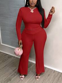 Slaydiva Übergröße Herbst/Winter Lotuswurzelrosa Lässiges, tailliertes, einfarbiges Set mit kurzem, langärmligem Oberteil und hoher Taille und langen Hosen