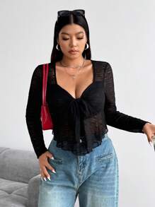 Flirla Plus Size Lace Front & Tie Long Sleeve T-Shirt Fall Cloth For Women