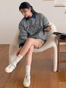 DAZY 女士字母印花落肩长袖宽松休闲毛衣，秋冬 - 灰色 - 查看 8