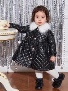 SHEIN Baby Girl Cute Rhombus Pattern Warm Thermal Lined Mid-Length Padded Coat, Autumn/Winter - Pink - View 3