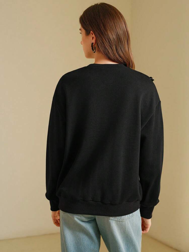 Casual Solid Color 3D Floral Decor Sweatshirt, Autumn/Winter Pullover Fall