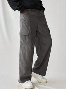 Manfinity VCAY Pantalones rectos de cintura elástica y ajuste holgado con parche para hombres jóvenes, uso cómodo para el día a día - Gris Oscuro - Ver 1