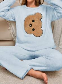 RueChic 2Pcs Pelush Animal Embroidery Detail PJ Set - Baby Blue - View 3