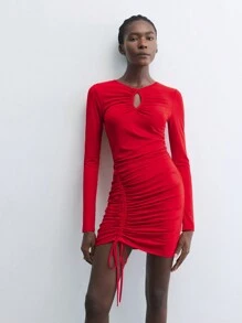 Maija Women's Early Spring Hollow Out Solid Color Ruched Drawstring Slim Fit Long Sleeve Mini Dress, Suitable For Holidays And Party Occasions - Red - View 3