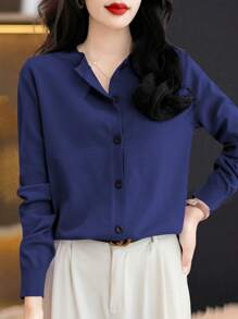 EMERY ROSE 1pc Solid Color Front Button Crew Neck Lightweight Knitted Cardigan Fall Winter Cloth For Women - Royal Blue - View 4