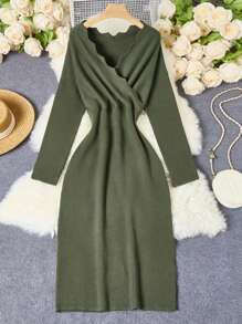 SHEIN X Angie Costa SHEIN Clasi Neues modisches Damen Lang-Strickkleid, schlank geschnittenes Tunika Kleid in Mittellänge für Herbst/Winter - Armeegrün - Übersicht 3