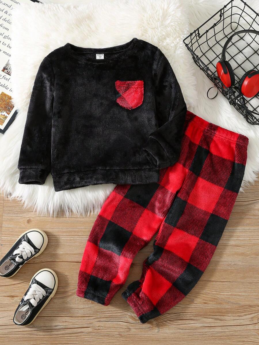 SHEIN 2 件装年轻男孩休闲格子图案口袋圆领长袖睡衣套装和格子睡裤，柔软舒适法兰绒服装，适合秋冬季 - 黑色 - 查看 1