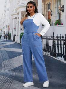 SHEIN Essnce Plus Size Casual All-Match Everyday Wear Denim Bib Pants, Spring & Autumn - Blue - View 4