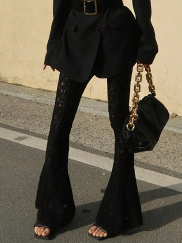 Dámské kalhoty s krajkovým lemem, přiléhavé, volné, sexy design, černé, celoroční, podzim - Černá - Zobrazit 3