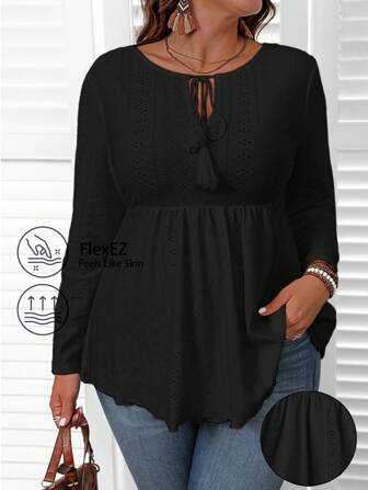 EMERY ROSE Große Größen einfarbiges T-Shirt mit gerüschtem Saum, Auschnitt und Stickerei, Langarm für den Herbst