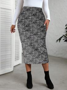 EMERY ROSE Plus Size Fall Women All-Over Print Pencil Bodycon Mini Skirt - Black - View 5