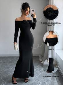 Chiquease Women's Autumn/Winter Off-Shoulder Ruched Patchwork Floral Decorated Bodycon Dress - Black - View 1
