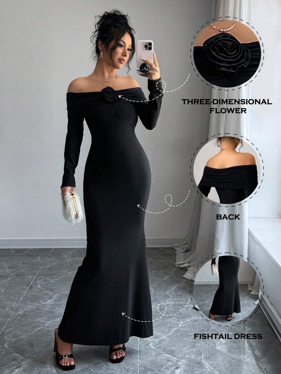 Chiquease Women's Autumn/Winter Off-Shoulder Ruched Patchwork Floral Decorated Bodycon Dress - Black - View 1