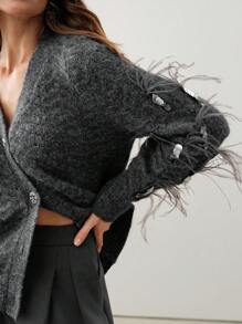 Anewsta Women's Fashion Modern Christmas Floral Gray Sequin Rhinestone Feather Decor Pullover Sweater For Work, Autumn